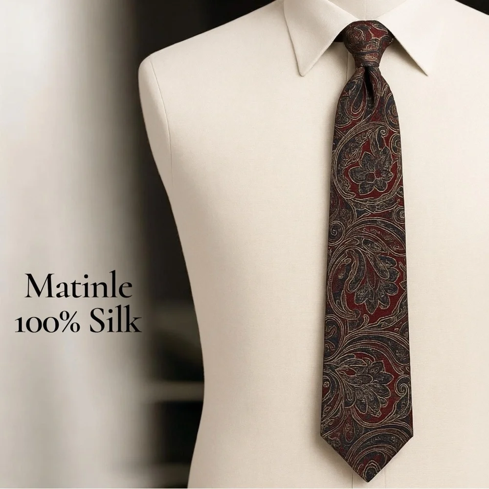 Matinle 100% Silk Paisley Tie Burgundy Navy Gold Hand Made 57”L x 4”W